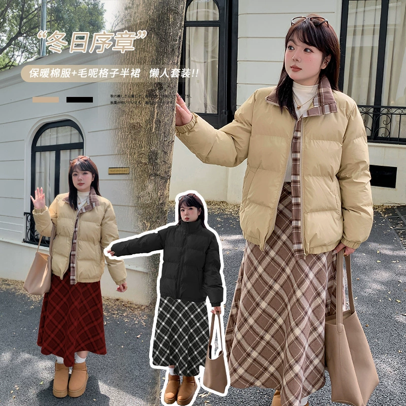 Женский теплый хлопковый комплект Inno больших размеров: зимняя новинка, ретро-шерстяная юбка в клетку, комплект из двух предметов 411828