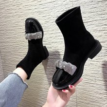 瘦瘦襪靴女2022秋冬季新款水鑽拼接單靴平底馬丁靴短筒加絨時裝靴