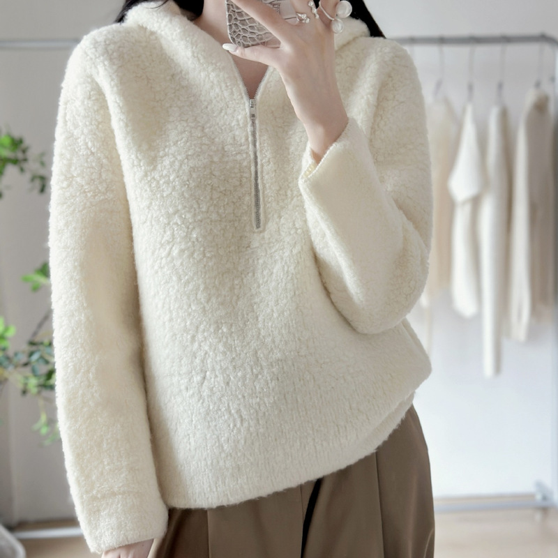 100 Sheep Wool Autumn and Winter Lazy Style Casual Warm Top Elegant All-match Woolen Sweater Hooded Sweater Women