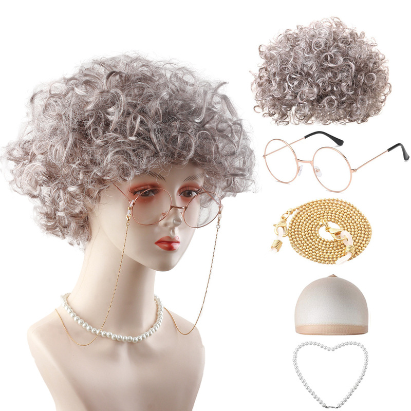 Movie Props Old Lady Stage Performance Wig Red Light Mark Li Milk Grandma Old Lady Bun Wig Headgear