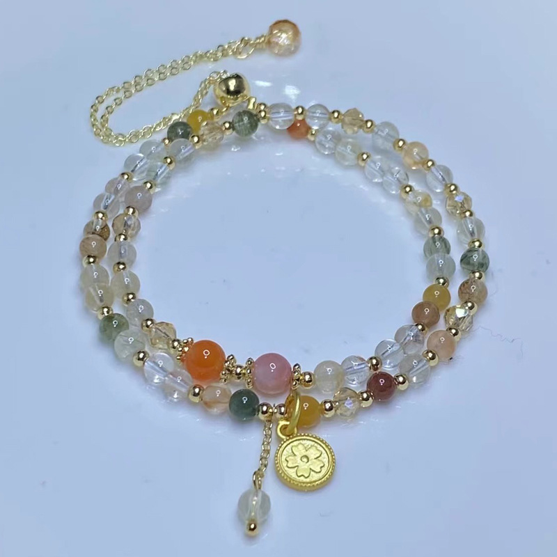 天然水晶珠宝 盐源玛瑙 彩色发晶双全抽拉式可调节手串手链