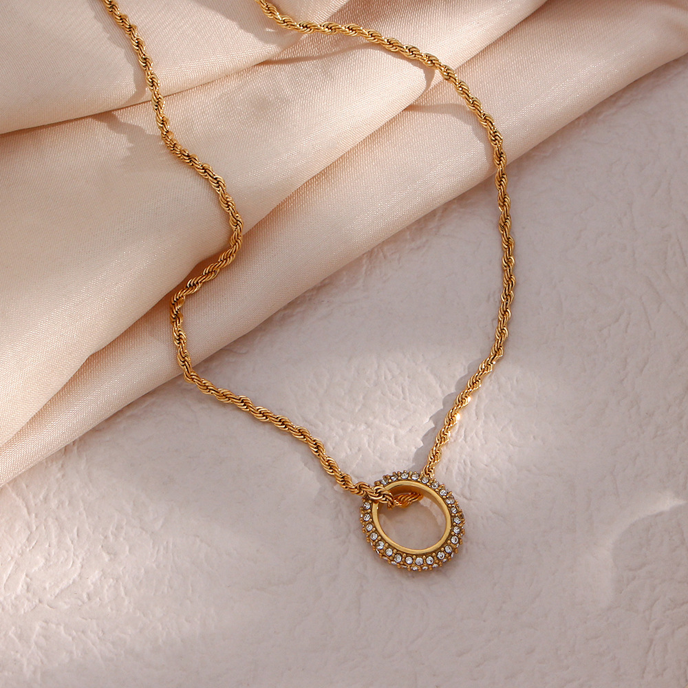 Basic Round Stainless Steel Necklace Inlaid Zircon Stainless Steel Necklaces_colorza_2