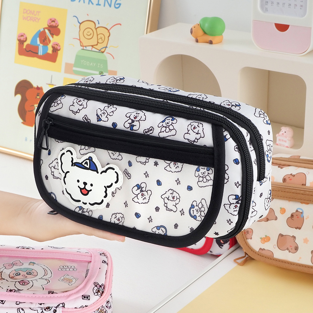 Bolsas de lápiz coreanas de estilo de dibujos animados de gran capacidad bolsas de lápiz con cremallera multicapa de alto valor facial caja de lápiz de almacenamiento