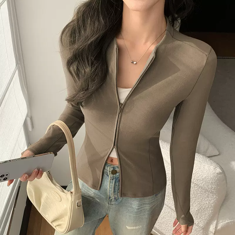 K1886双开拉链磨毛外套女秋冬季保暖圆领上衣开衫短款修身打底衫