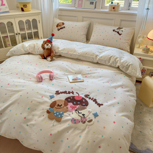 New Cartoon Cotton Four-piece Set Skin-friendly Comfortable Towel Embroidered 100% Cotton Quilt Cover Bed Cover Dormitory Bed Three-piece Set