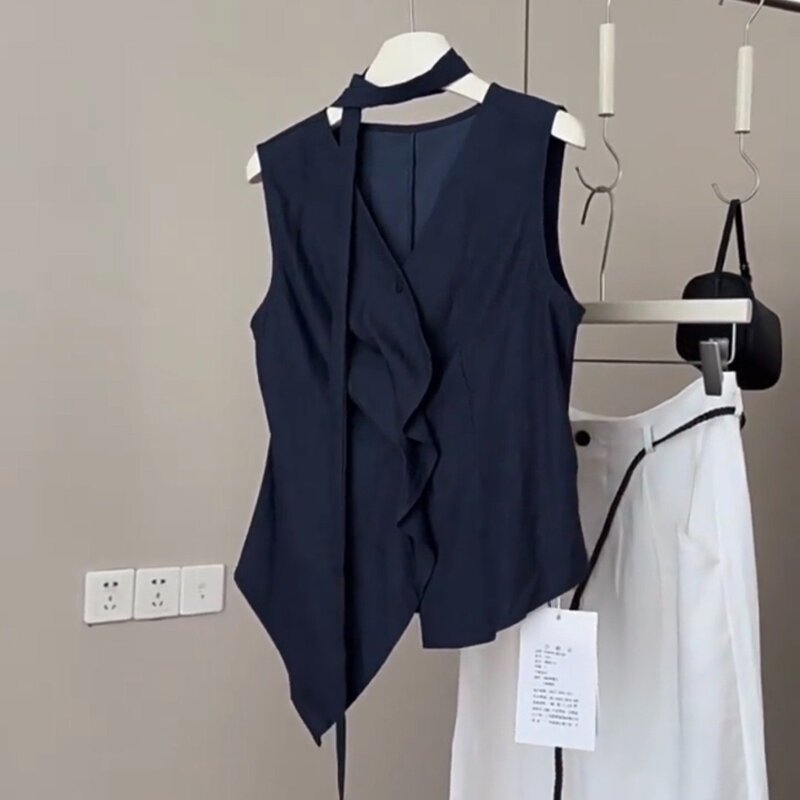 Korean Navy Blue V-Neck Sleeveless Shirt for Women, Summer Ruffled Shirt, Asymmetrical and Beautiful Design Top