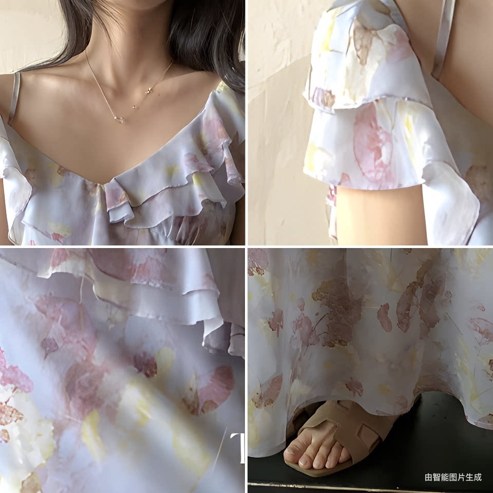 Đầm maxi nữ thắt eo cổ yếm họa tiết hoa nhí phong cách Pháp — màu tím chi tiết 9