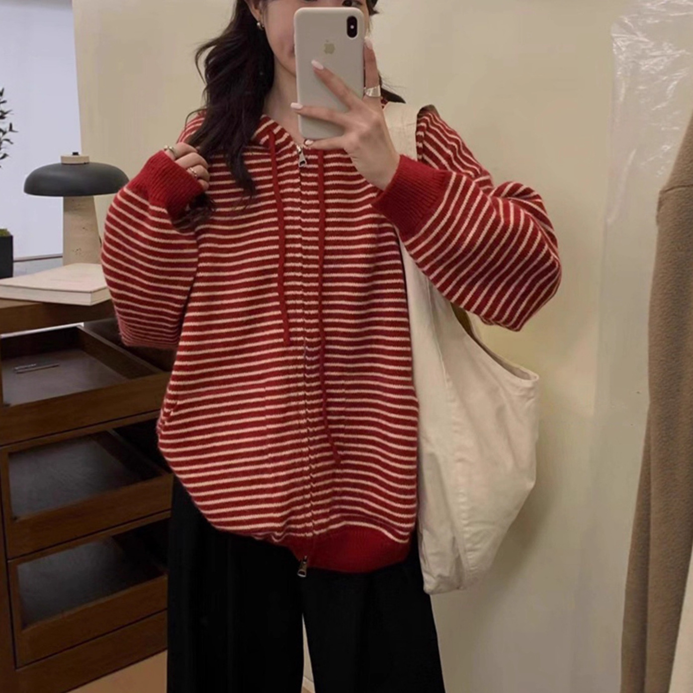 Lazy Style Loose Hooded Zipper Cardigan Sweater for Women Autumn and Winter Outer Wear 2025 New Korean Stripesd Knitted Jacket