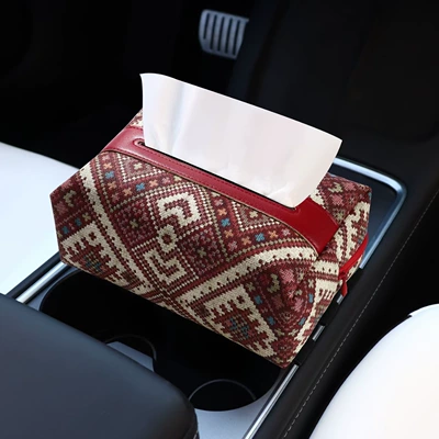 Car-mounted tissue box in New Year red, light luxury with a high-end feel, leather tissue box for the zodiac year, premium tissue storage box (Car tissue box/set) - wine-red