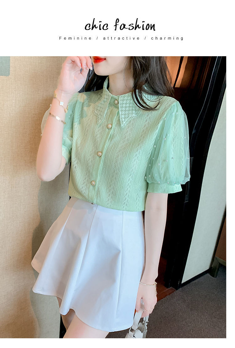 Camicetta da donna in pizzo con maniche a palloncino in rete con perline, cardigan estivo a maniche corte, top trasparente casual, abbigliamento da strada alla moda_voghion.com