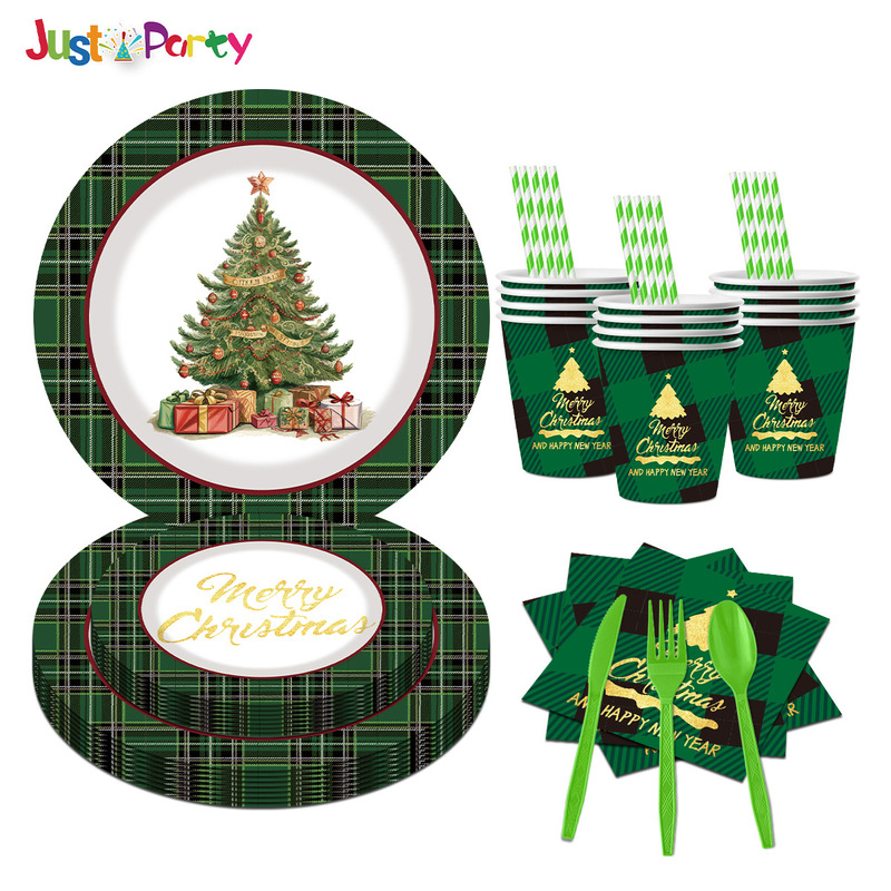 Green Plaid Christmas Tray Watercolor Christmas Tree Disposable Paper Cups Paper Towel Knife and Fork Spoon Straw Holiday Party