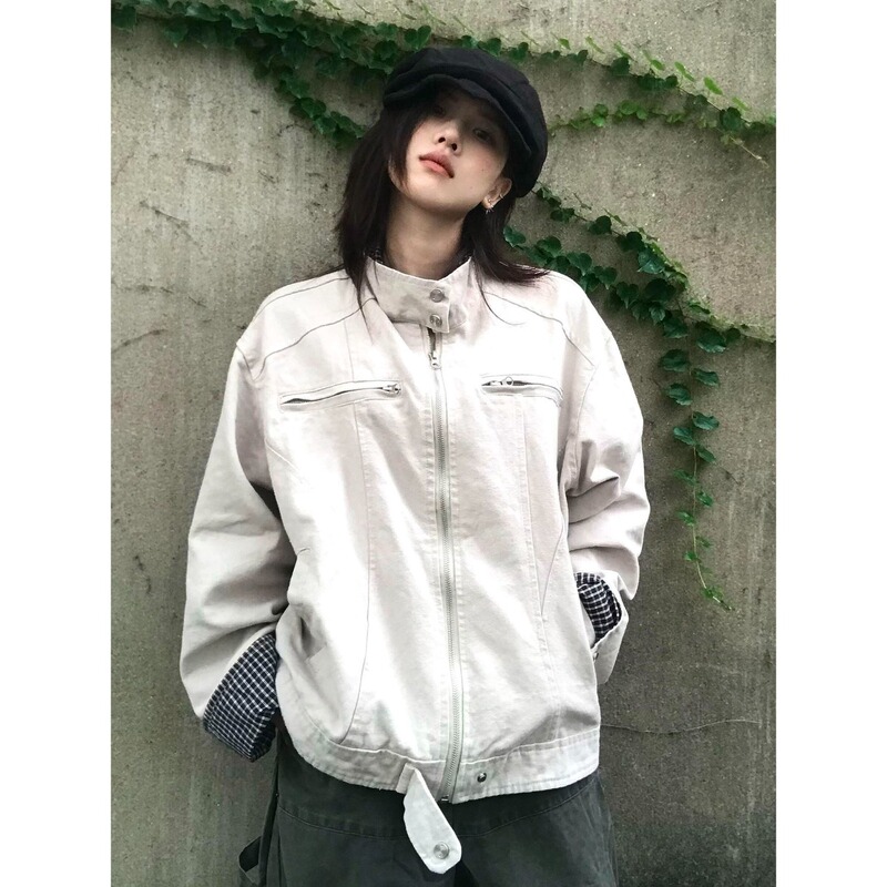 Autumn Trendy Brand Plaid Splicing Jacket for Women 2025 New Retro Loose Casual Lapel Work Jacket Top