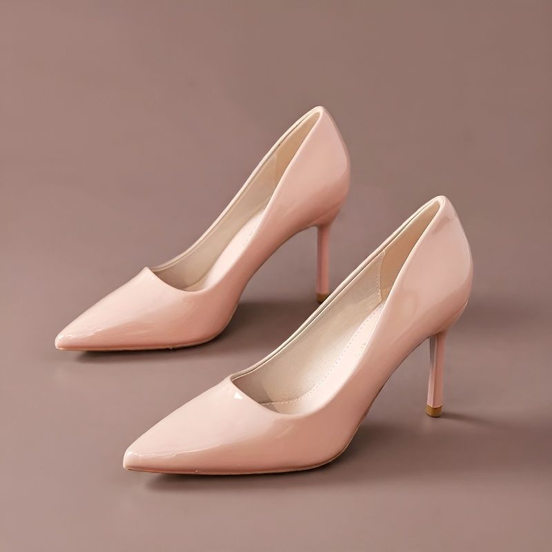 Nude high-heeled shoes for women, versatile and comfortable, pointed toe, shallow cut, patent leather, shiny, elegant work shoes