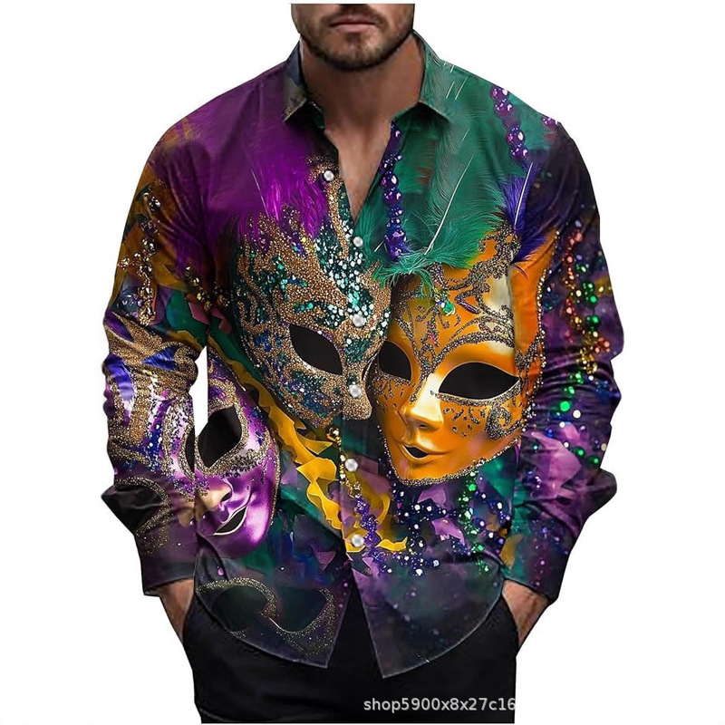 European and American Cross-Border 2025 New Aliexpress Spring Carnival Men's Long-Sleeved 3D Printed Casual Long-Sleeved Shirt