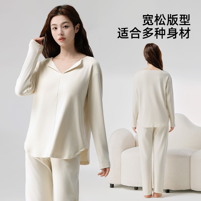 家居服女带胸垫秋冬新款薄绒翻领长袖长裤套装大码宽松可外穿睡衣|undefined