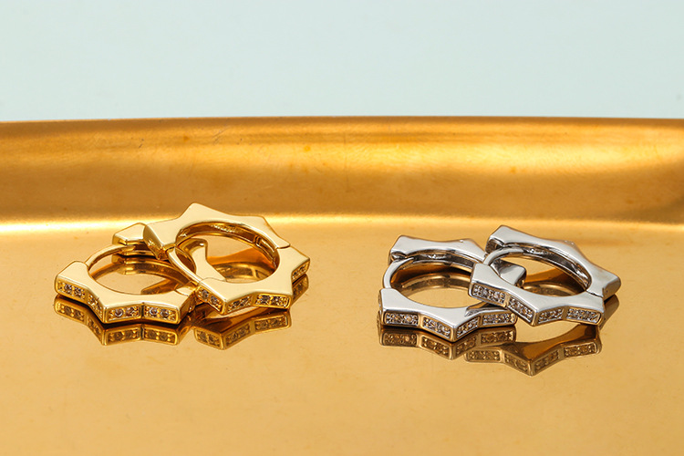 18K Real Gold Plated Plating Material Zircon Inlay Material Korean Style Inlaid Zircon Geometric Hexagonal Copper Ear Buckle Wholesale