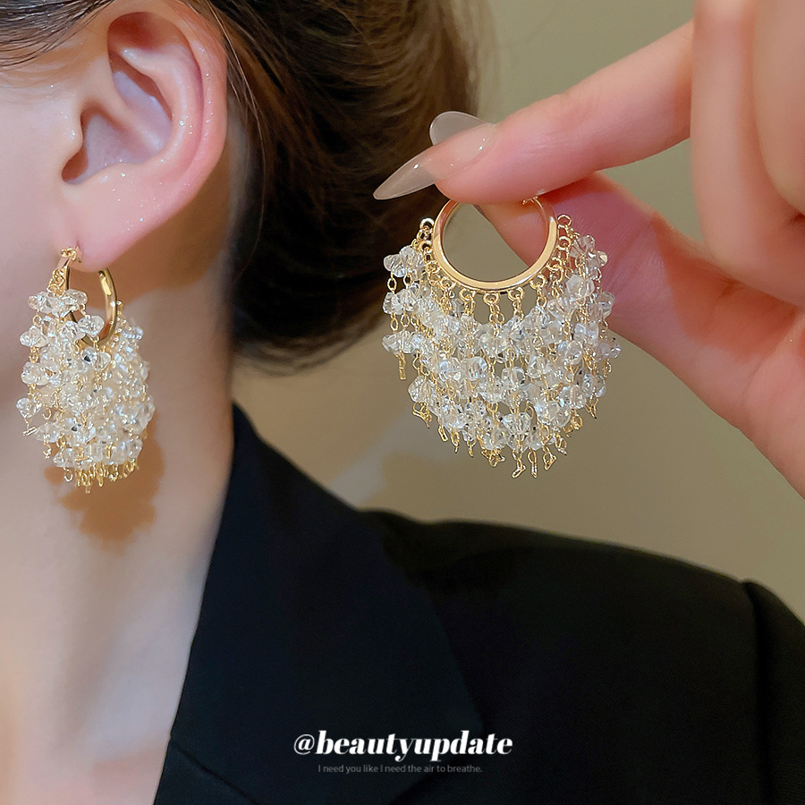 18k oro real galvanizado aguja de plata circón cristal artificial borla pendiente personalidad pendiente de nicho temperamento aretes de alta gama