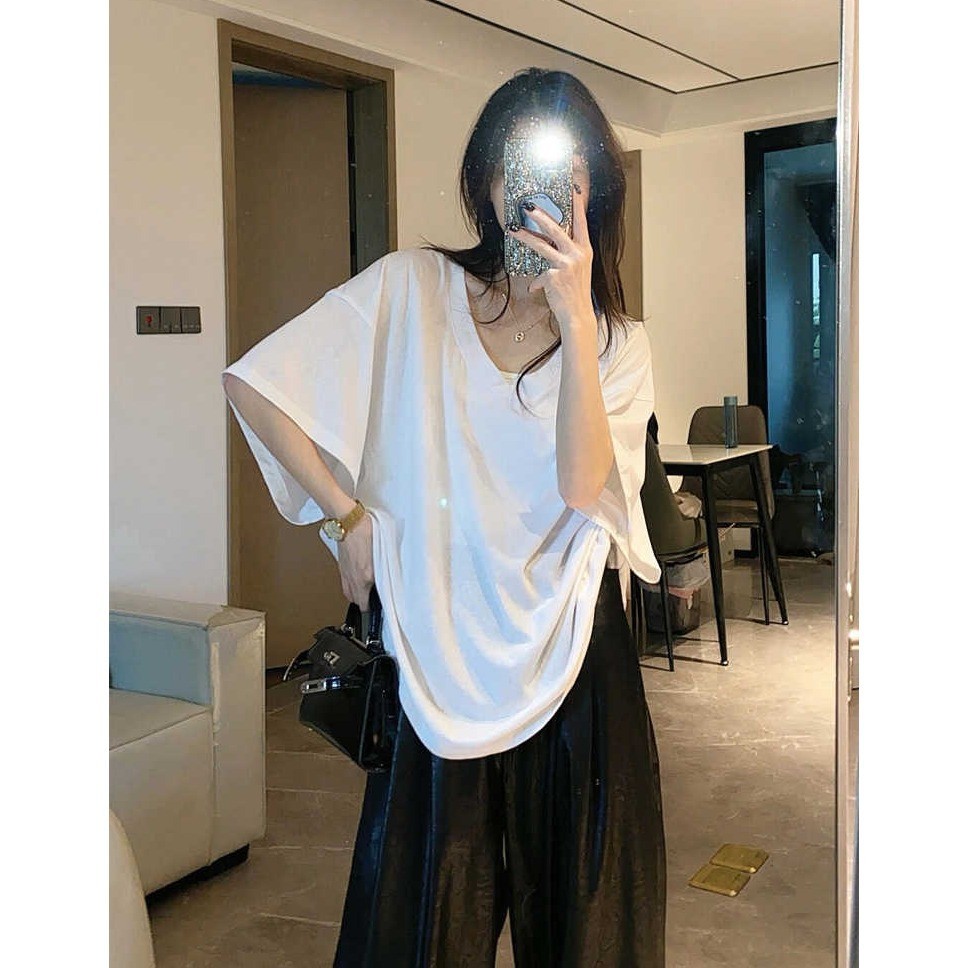 200g Double Yarn Pure Cotton】Relaxed and Lazy Style Loose Large Size V-Neck Versatile Short-Sleeved T-Shirt Top for Women in Summer