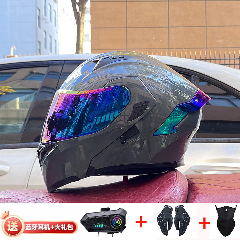 Casco de exposición Orz para hombres y mujeres invierno Doble espejo coche eléctrico semi-Casco completo cola de color coche deportivo ranura Bluetooth cuatro estaciones casco