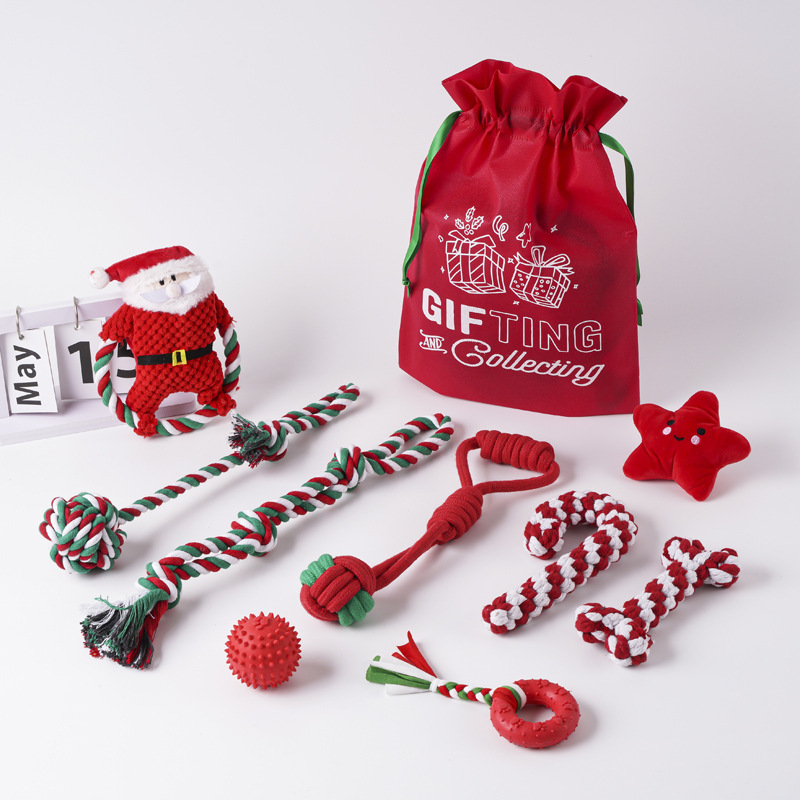 Juguetes para perros de gran venta transfronterizos, juego de juguetes de cuerda de algodón navideños para mascotas, juguete para la dentición, alivio del aburrimiento, juguete navideño con nudos resistentes a las mordidas.