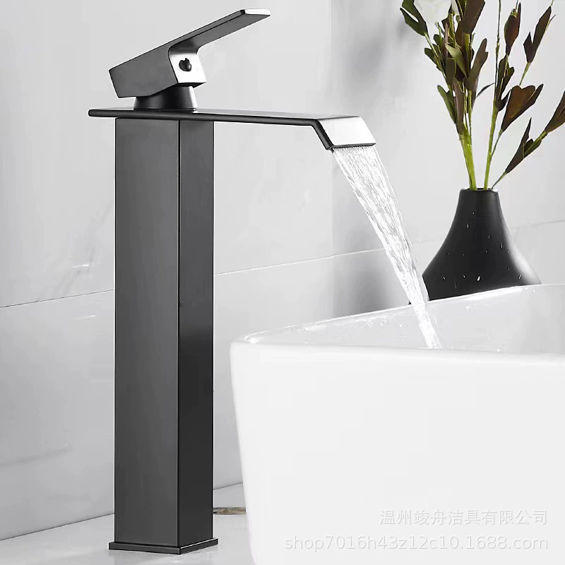 Grifo de Caño Ancho Tipo Cascada de Acero Inoxidable Mezclador de Agua Fría y Caliente para Lavabo