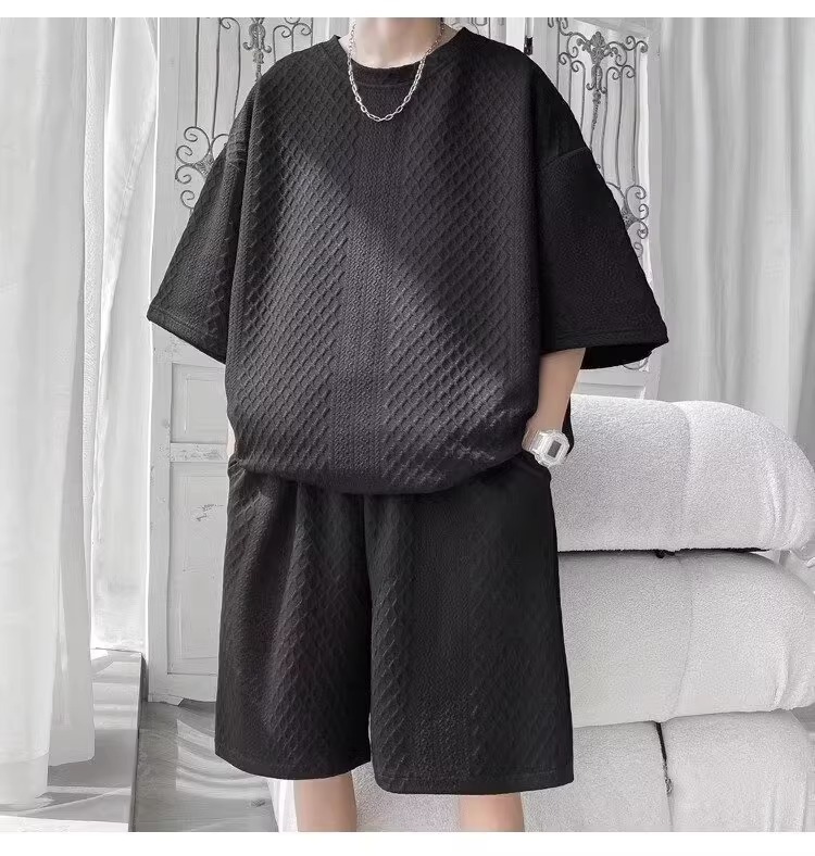 Men's Athletic Waffle Knit Short Sleeve T-Shirt And Shorts 2-Piece Set, Summer Casual Sports Outfit For Teens And Young Adults_viptrois.com