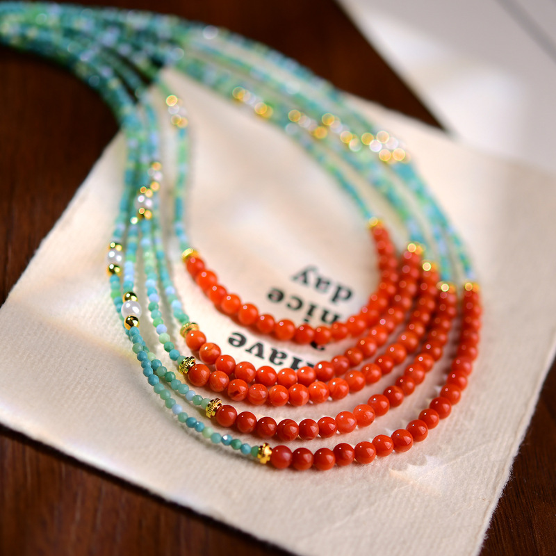 South Red Gradient Colorful Turquoise Spinel Handmade Beaded Mixed Necklace Gift for Female Friends, Chinese Style Fresh and Sweet