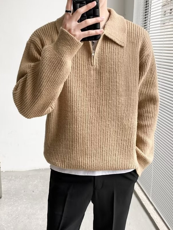 Corea chic otoño e invierno retro estilo perezoso cuello POLO hilo suelto casual suéter de punto de manga larga para hombre