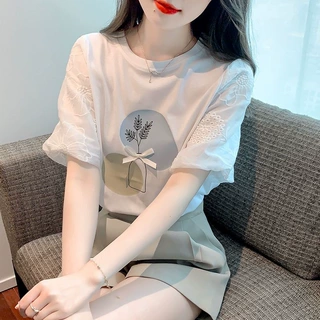 2026新款夏季时尚印花短袖T恤女别致设计感小众甜美雪纺洋气小衫