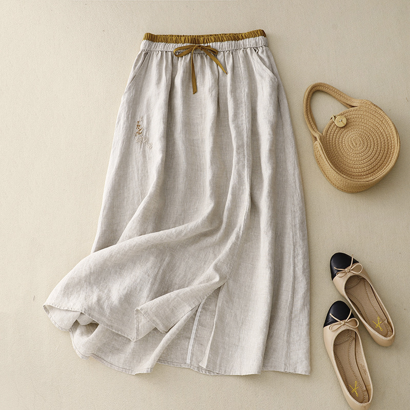 Real Shot Artistic Embroidered Spliced Skirt Elapto Waist Color-matching A- line Skirt Women's Vintage Linen Loose Midi Skirt
