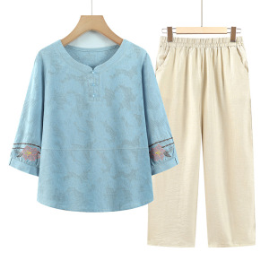 Mother's Summer Cotton and Linen T-shirt Western Style suit 2025 Middle-aged and Elderly Two-piece Set Women's Summer Cotton and Linen Short-sleeved Top