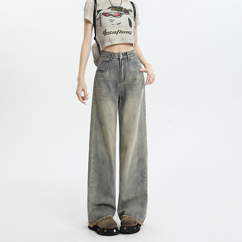 Retro Washed Distressed Wide-Leg Pants for Women 2024 Autum New High-Waist Slim Loose Straight Raw Edge Jeans