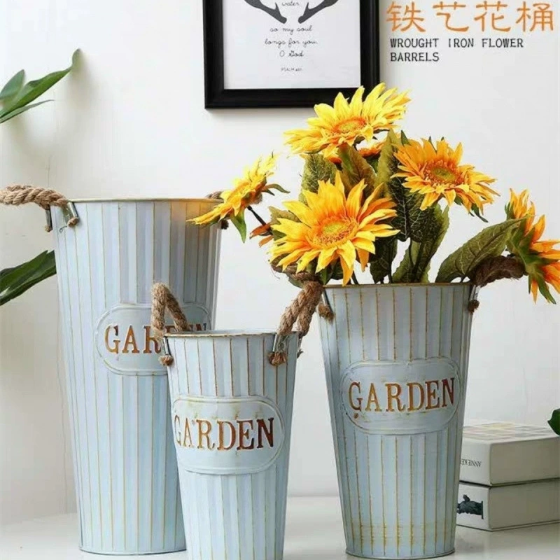 Винтажное металлическое ведро с цветами в стиле ретро, ​​цветочный магазин, ведро для цветочной композиции с двойными ручками из шпагата, декоративное ведро для цветов, завод по производству ведер для цветов в американском стиле