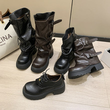 可拆卸皮带扣裤管短靴女2025秋季新款显瘦休闲堆堆长筒骑士靴子女
