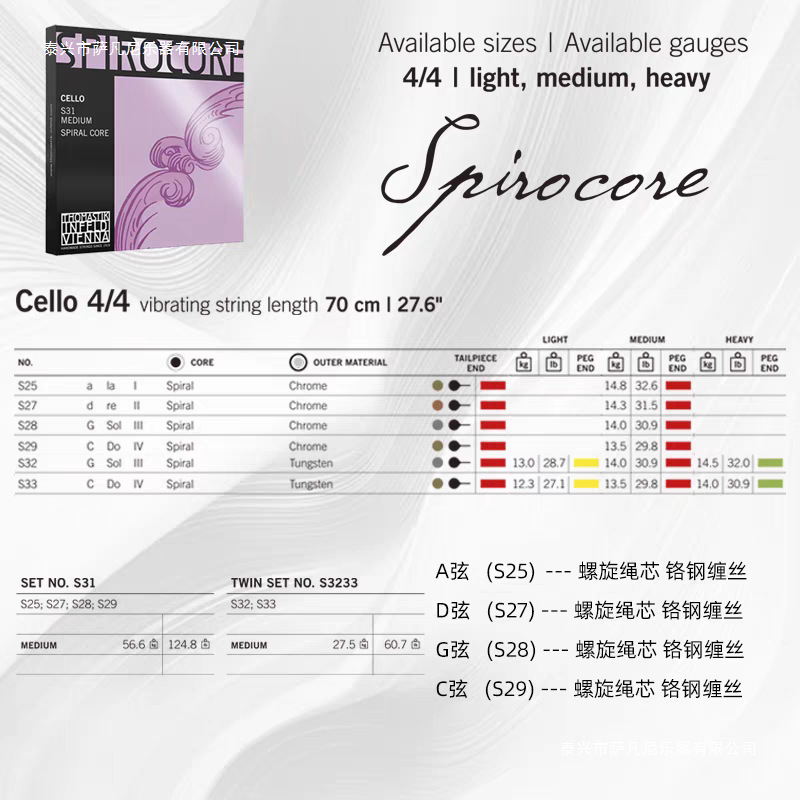 奧地利 Thomastik Spirocore 大提琴弦套弦S31组合S2829 S3233