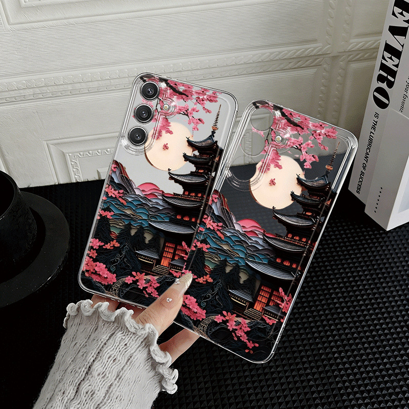 Sakura Tower Moonlight Night Case Suitable for Galaxy S26 Ultra Cartoon S25/S24S/23/S21/S22S Full Protection Anti-Drop