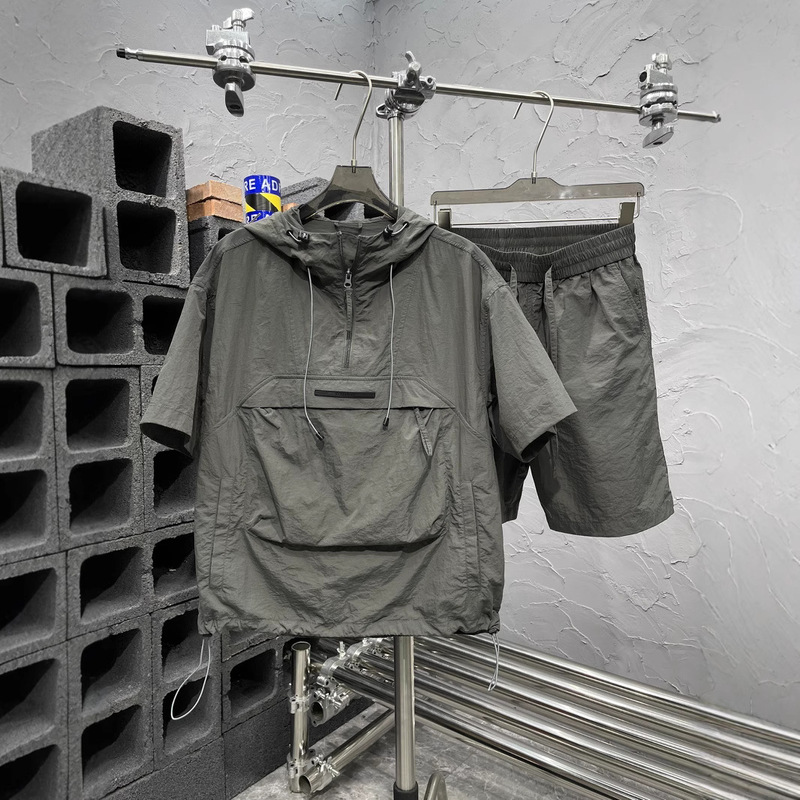 Summer Lightweight Quick-drying Short-sleeved Shorts suit Men's Fashionable Workwear Pocket Hooded Zipper Top Loose Two-piece Set