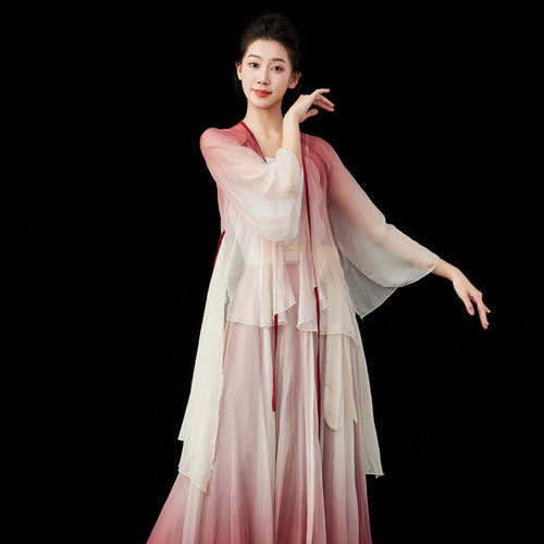 Gradient Tencel Top, dropped shoulder, long sleeve modern dance practice attire for women, performance Sheng Yun dress, adult classical dance silk clothing