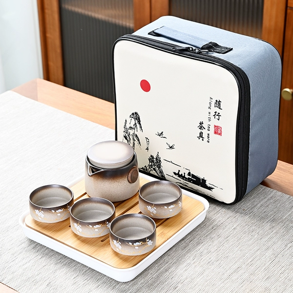 ✷☥☥☥☥☥✷ 23 A pot + 4 cups of round mouth + white plate travel bag ✷☥☥☥☥✷