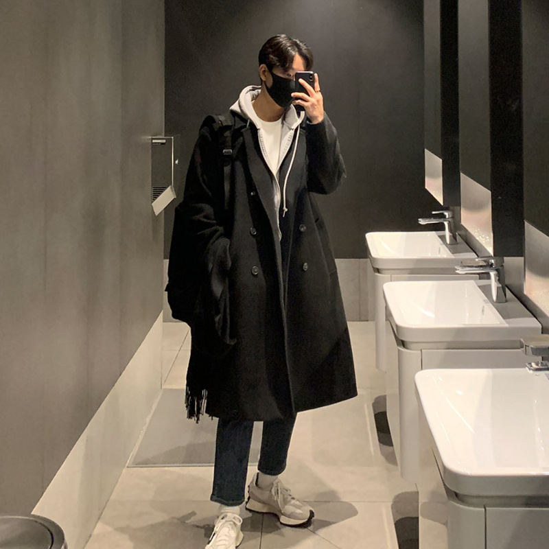 ASCLO diseño de nicho de hombre de longitud media guapo abrigo de lana estilo coreano de moda gabardina engrosada de doble botonadura