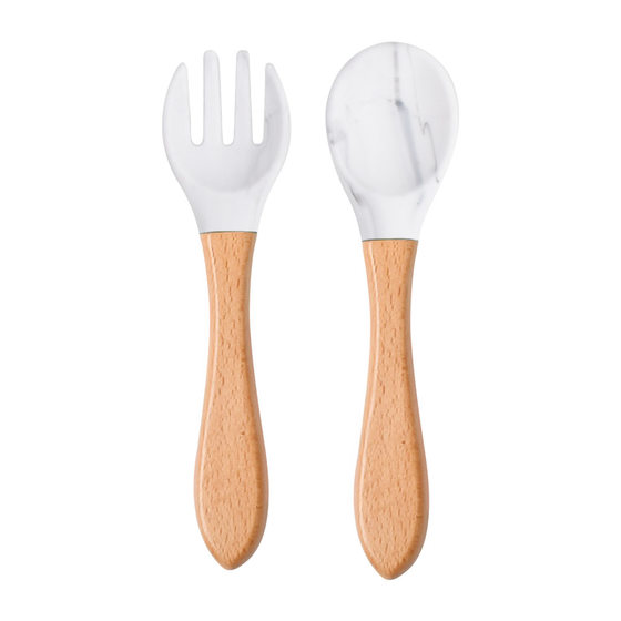 Food grade children's wooden handle silicone spoon Fork tableware baby training complementary food spoon baby feeding spoon Fork
