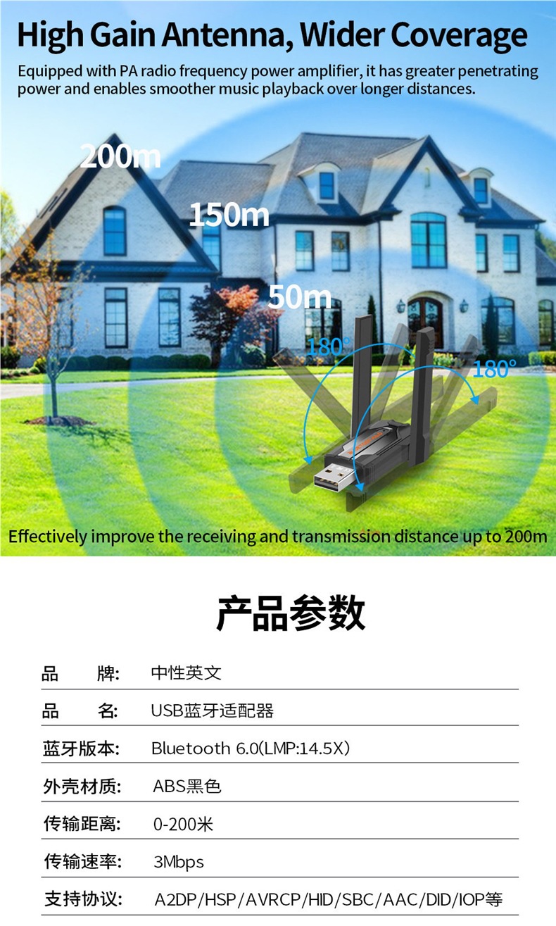 Bluetooth Adapter BT6.0 Driver-Free Desktop Computer USB Audio Receiver and Transmitter PA Gain 200m AAC/SBC