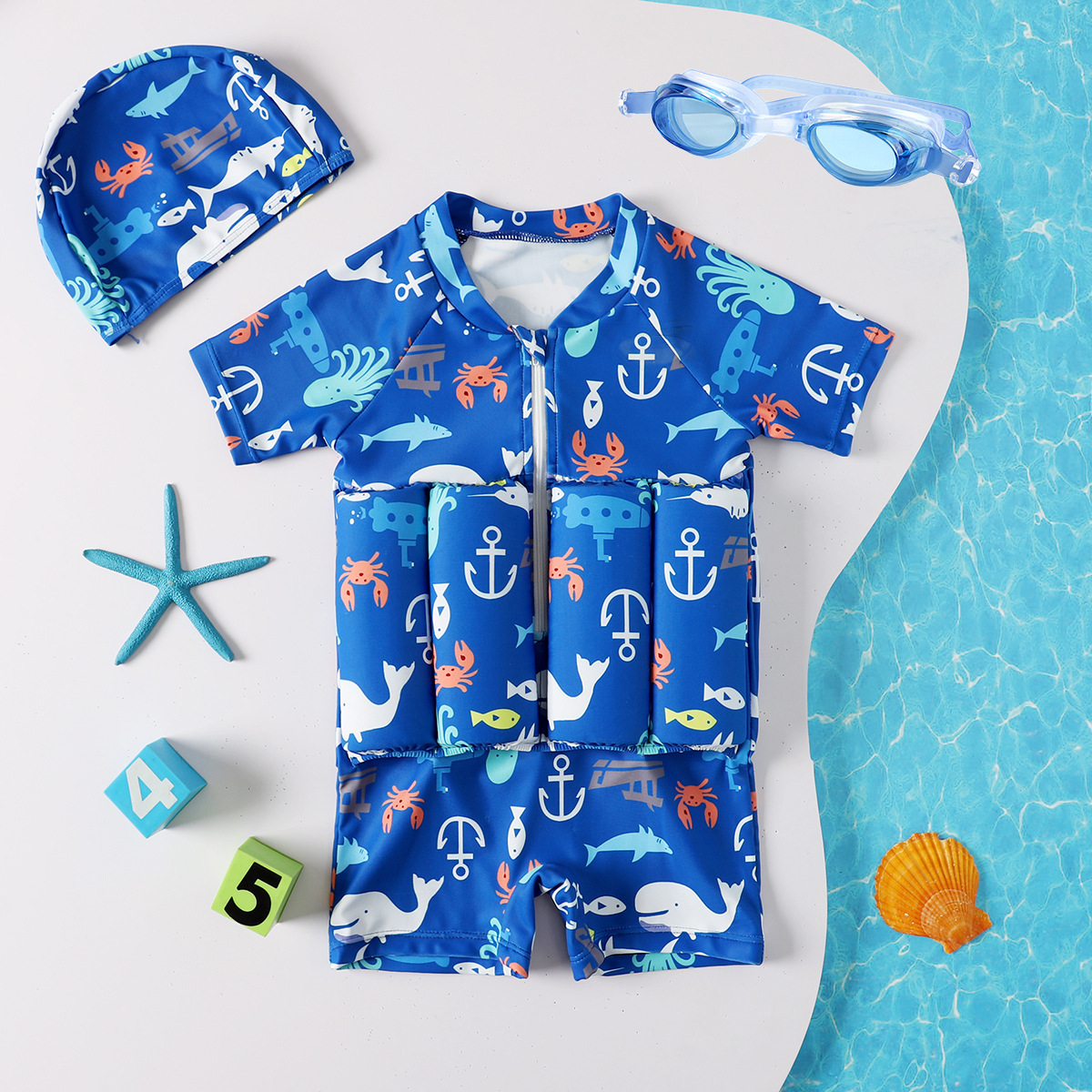 Blue buoyancy swimsuit + swimming cap + blue swimming goggles