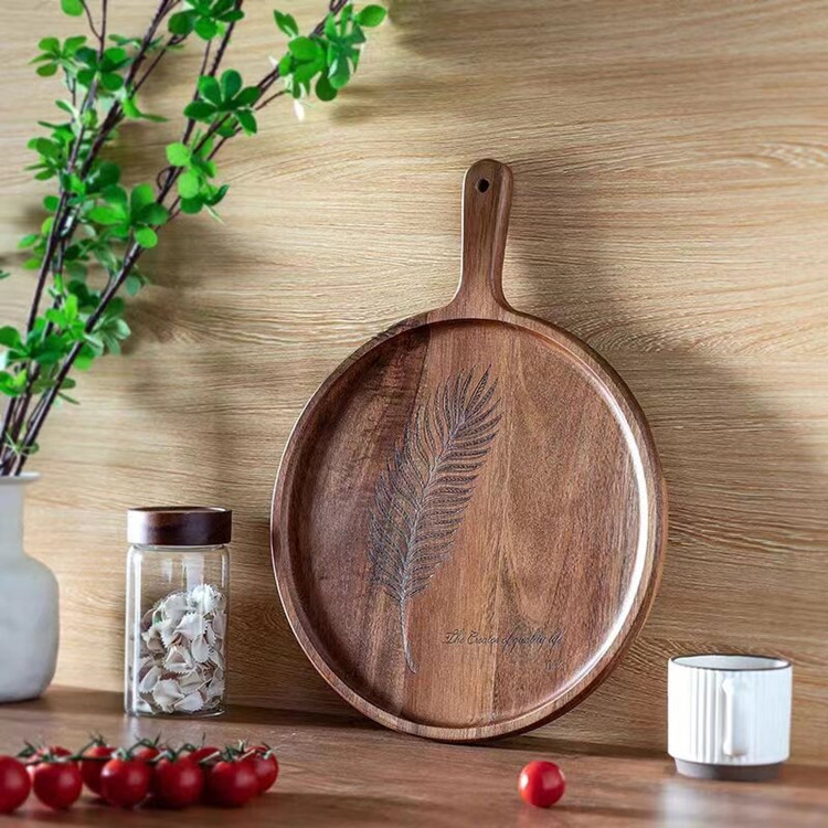 Mango redondo bandeja láser patrón de madera Placa de pizza de madera maciza creativo queso occidental queso pan filete placa