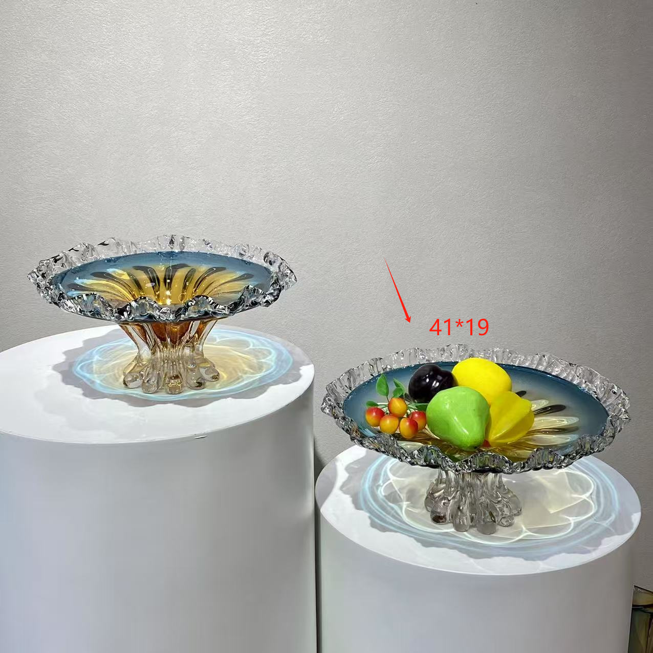 파란색 회색 호박색 밝은 가장자리 과일 접시 대형