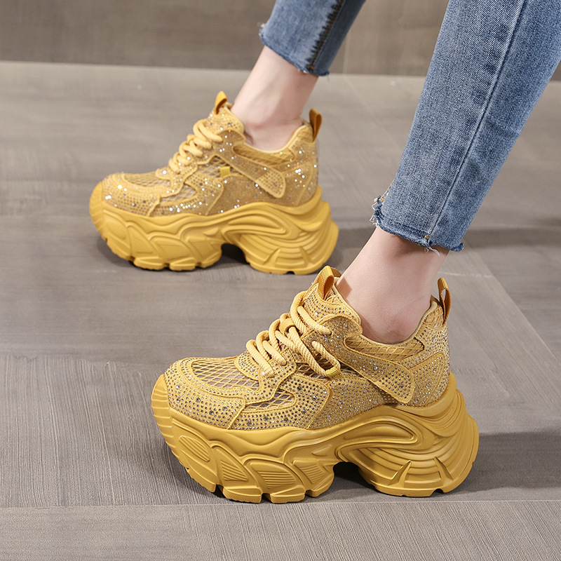 Giày sneaker nữ chunky đế dày đính đá rhinestone phong cách thể thao — màu trắng