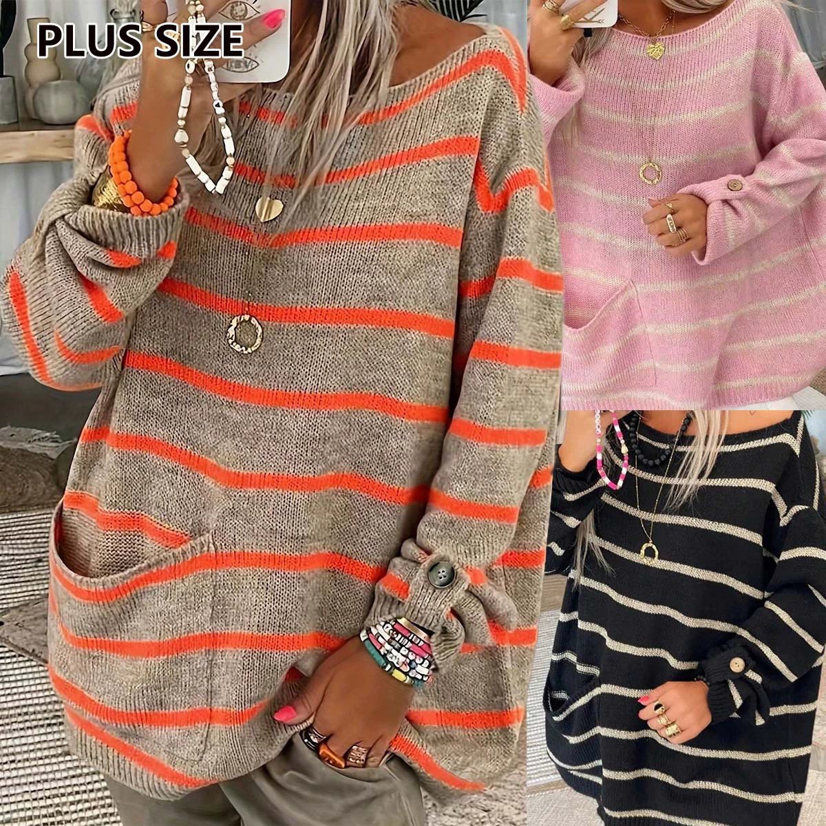 Осенний и зимний европейский и американский трансграничный круглый воротник в полоску