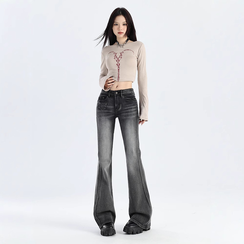 American Retro Niche Pocket Washed Crease Slim Fit Stretchy Flared Jeans for Women Low Waist Slimming Versatile Trendy Jeans