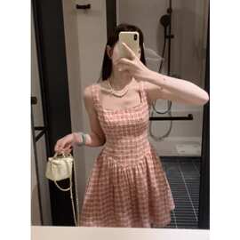 纯欲韩系少女粉色波点格子吊带连衣裙女夏季小个子漂亮掐腰短裙子