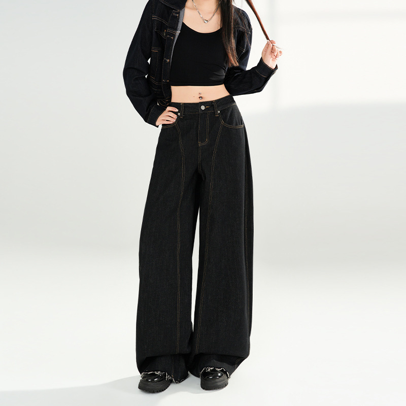 Trendy Cool Street Style Black and Gold Curved Hem Pants for Women, Regular Length Jeans for Women Trendy Cool Street Style Black and Gold Curved Hem Pants for Women, Regular Length Jeans for Women